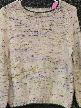 Hand Crafted Cream Speckled Crewneck Sweater with Green Trim